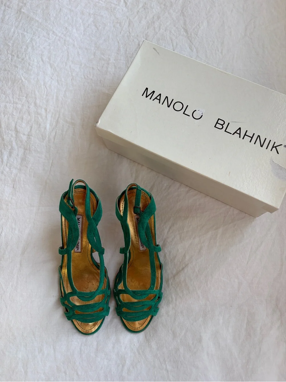 Vintage Manolo Blahnik Suede Strappy Loop Open Toe Heels Emerald Green